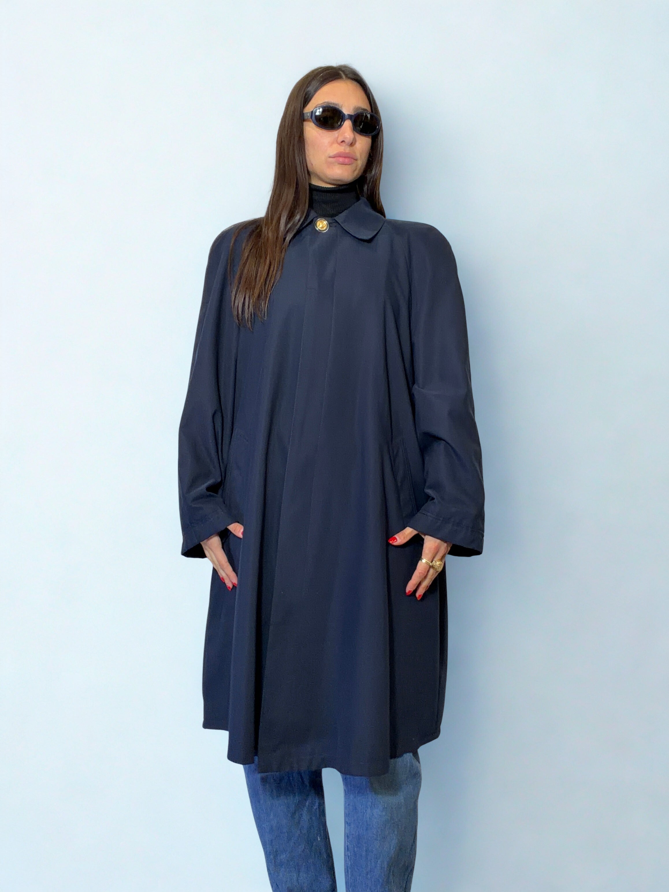 Spolverino Vintage Blu Notte con Bottone Gioiello