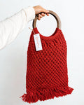 Borsa a Mano Lavorato all'Uncinetto | Rosso Rubino | Manici in Legno | Frange | Handmade Boho
