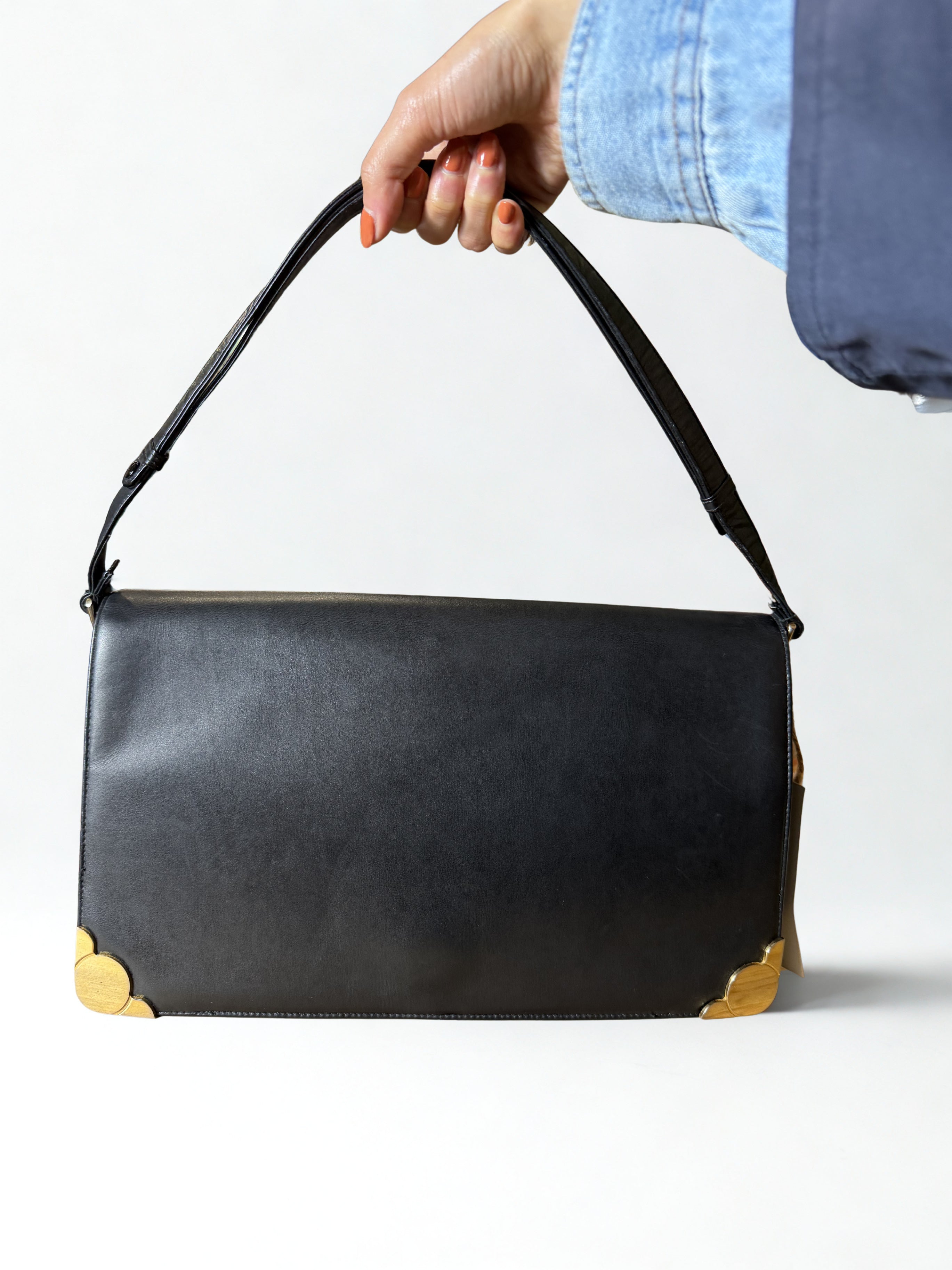 Borsa Vintage Jole Veneziani — Pelle Nera Strutturata, Hardware Oro, Tracolla, Alta Moda Milano anni '60-'70