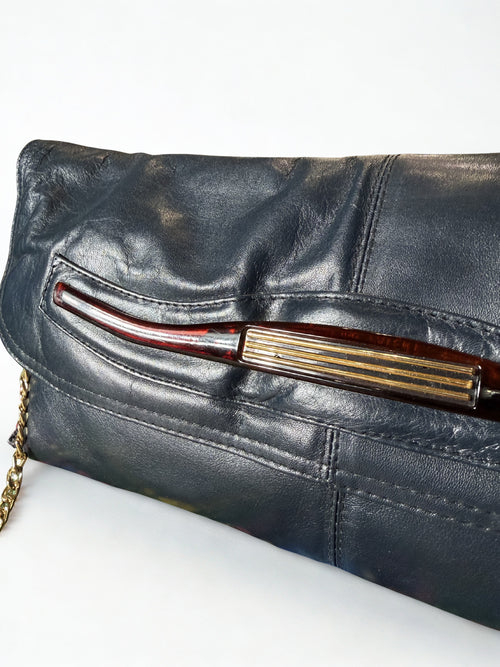 Borsa Vintage Blu Navy — Pelle Morbida, Chiusura con Hardware Oro, Catena Dorata, anni '70-'80