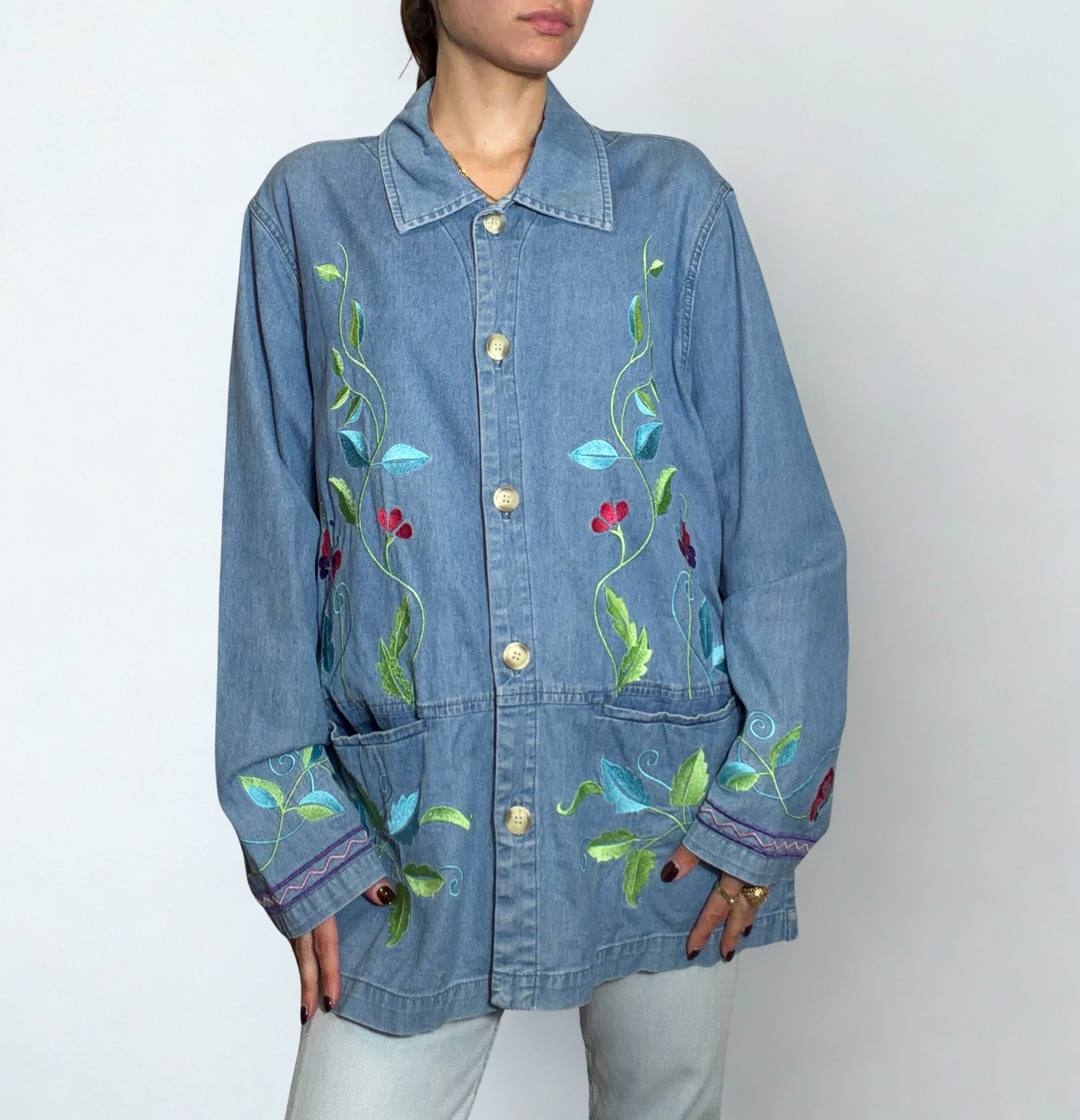 Camicia Vintage Denim Ricamata Floreale “Denim & Co.” – Oversize
