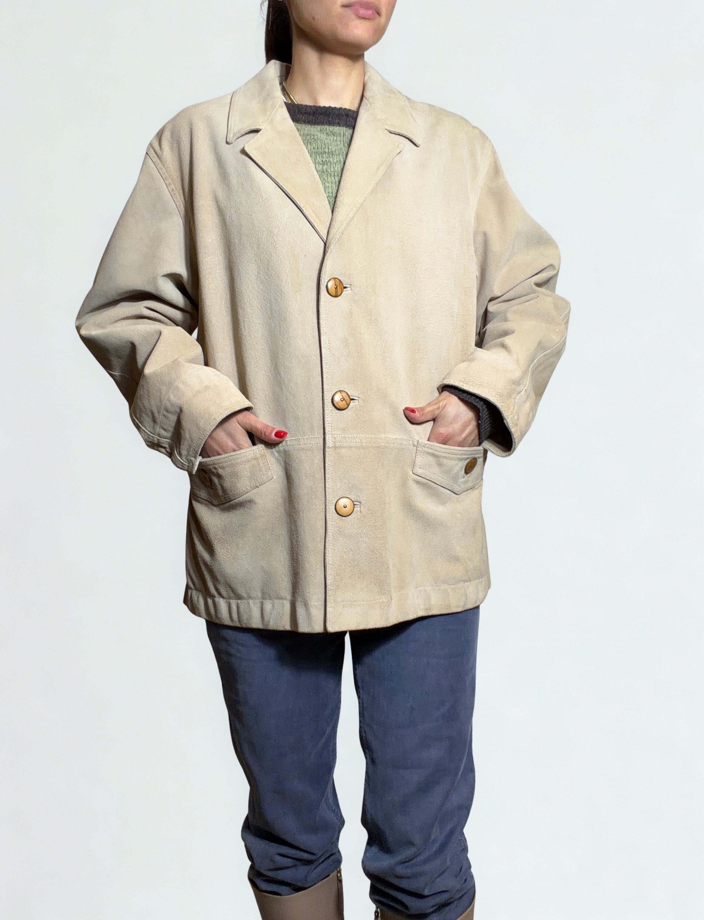 Giacca Vintage Ferradini in Vera Pelle Scamosciata Beige – Artigianale, Anni ’90