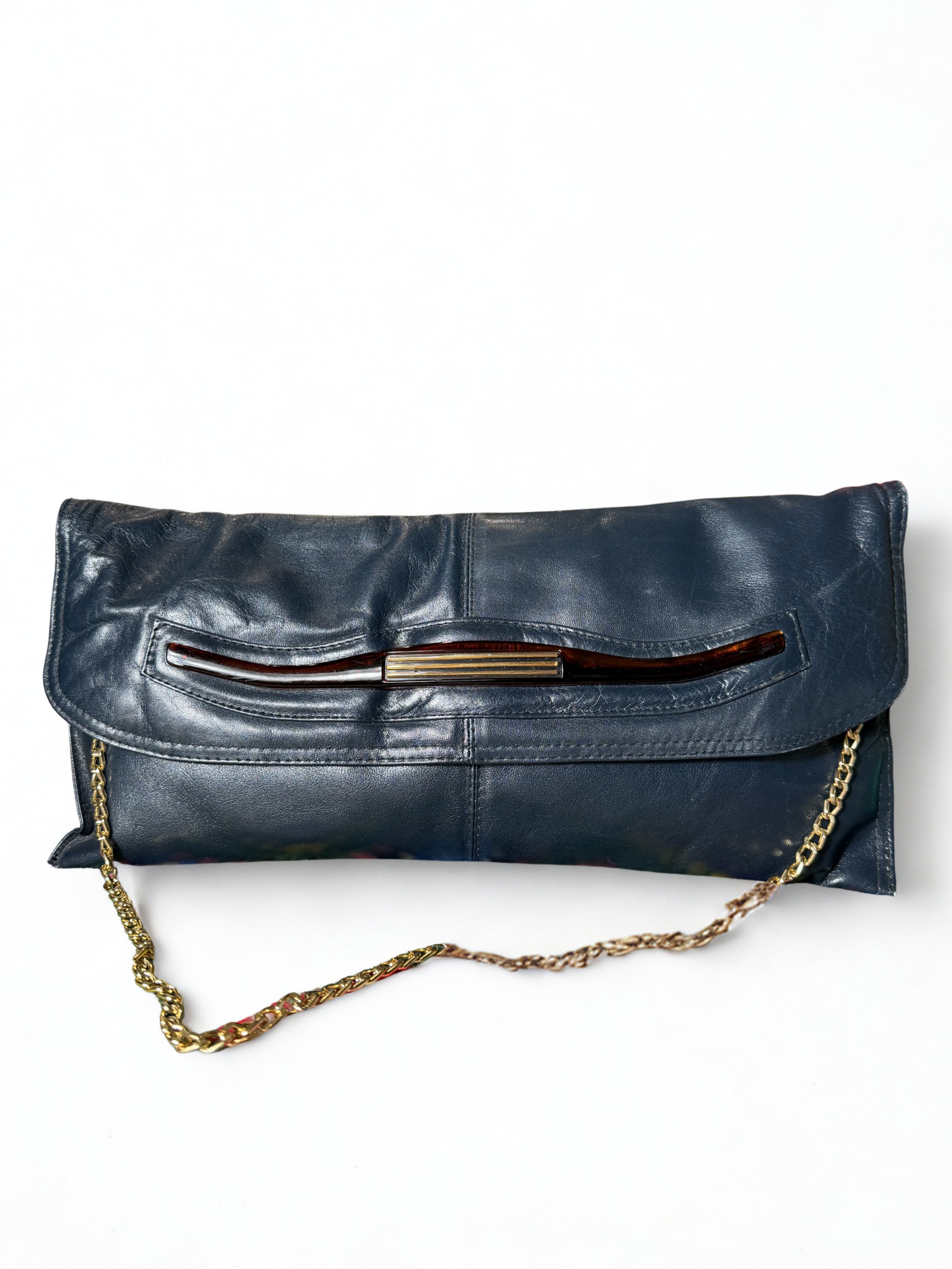 Borsa Vintage Blu Navy — Pelle Morbida, Chiusura con Hardware Oro, Catena Dorata, anni '70-'80