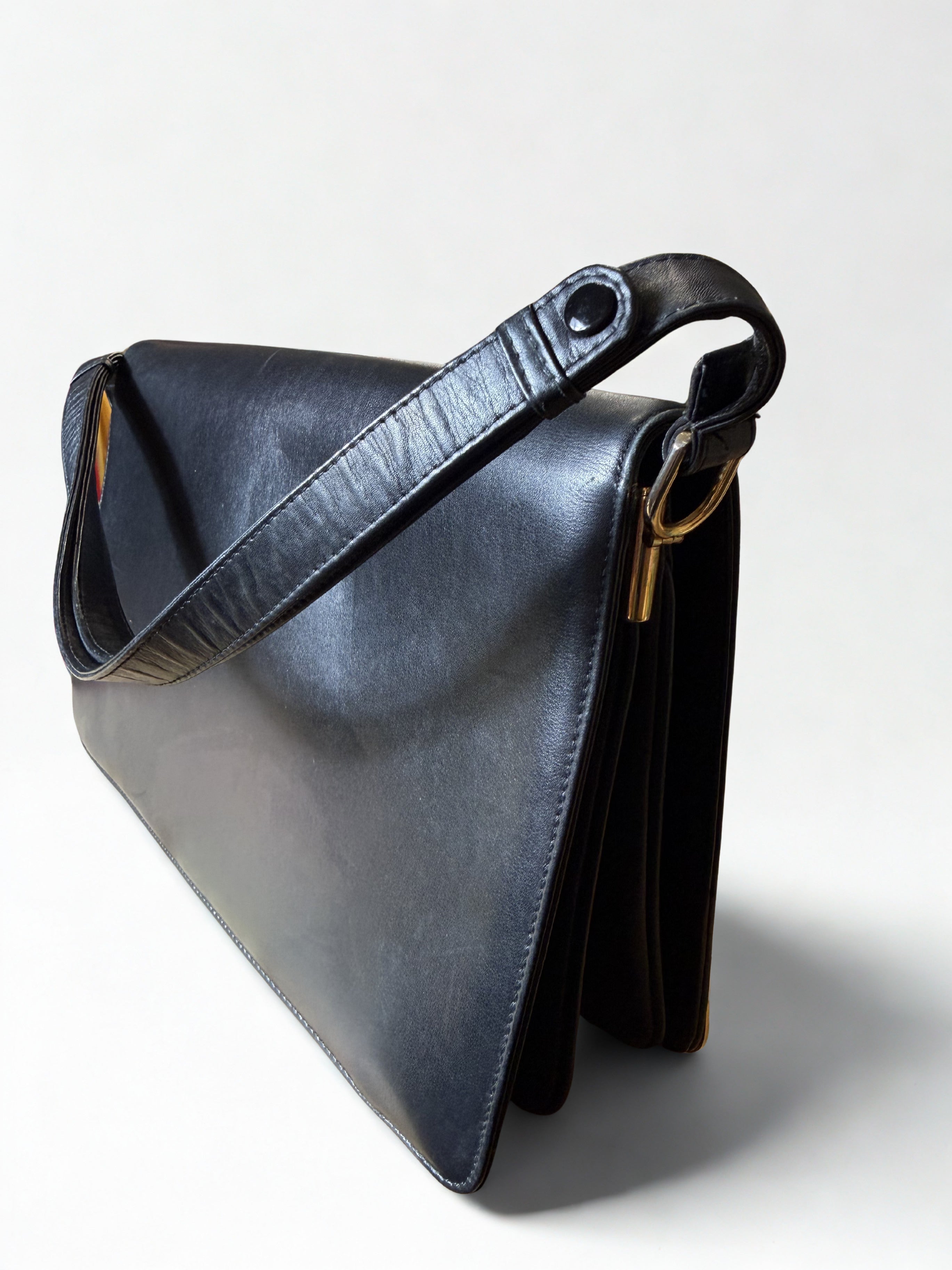 Borsa Vintage Jole Veneziani — Pelle Nera Strutturata, Hardware Oro, Tracolla, Alta Moda Milano anni '60-'70