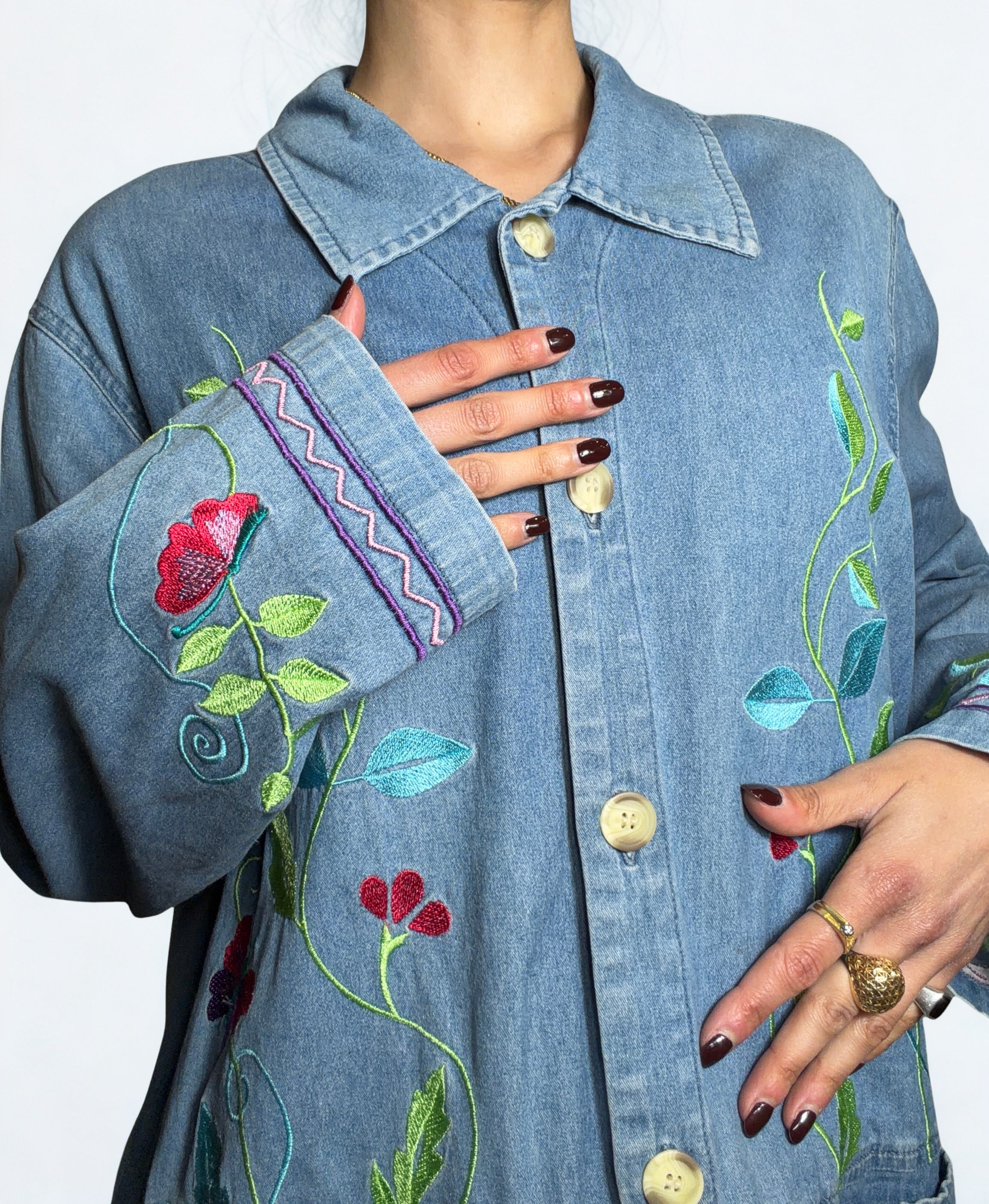 Camicia Vintage Denim Ricamata Floreale “Denim & Co.” – Oversize