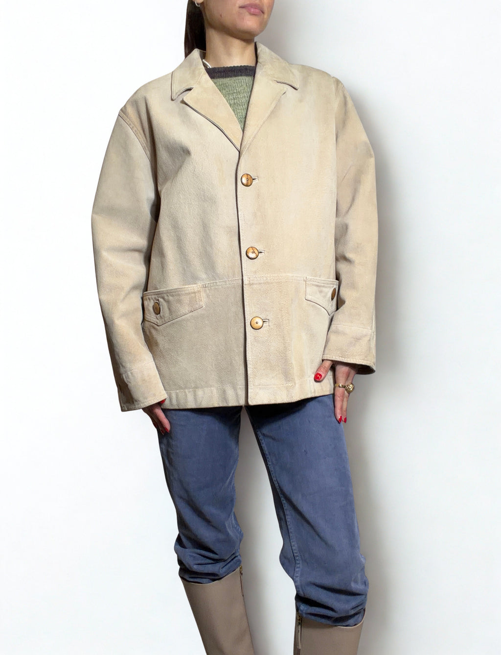Giacca Vintage Ferradini in Vera Pelle Scamosciata Beige – Artigianale, Anni ’90